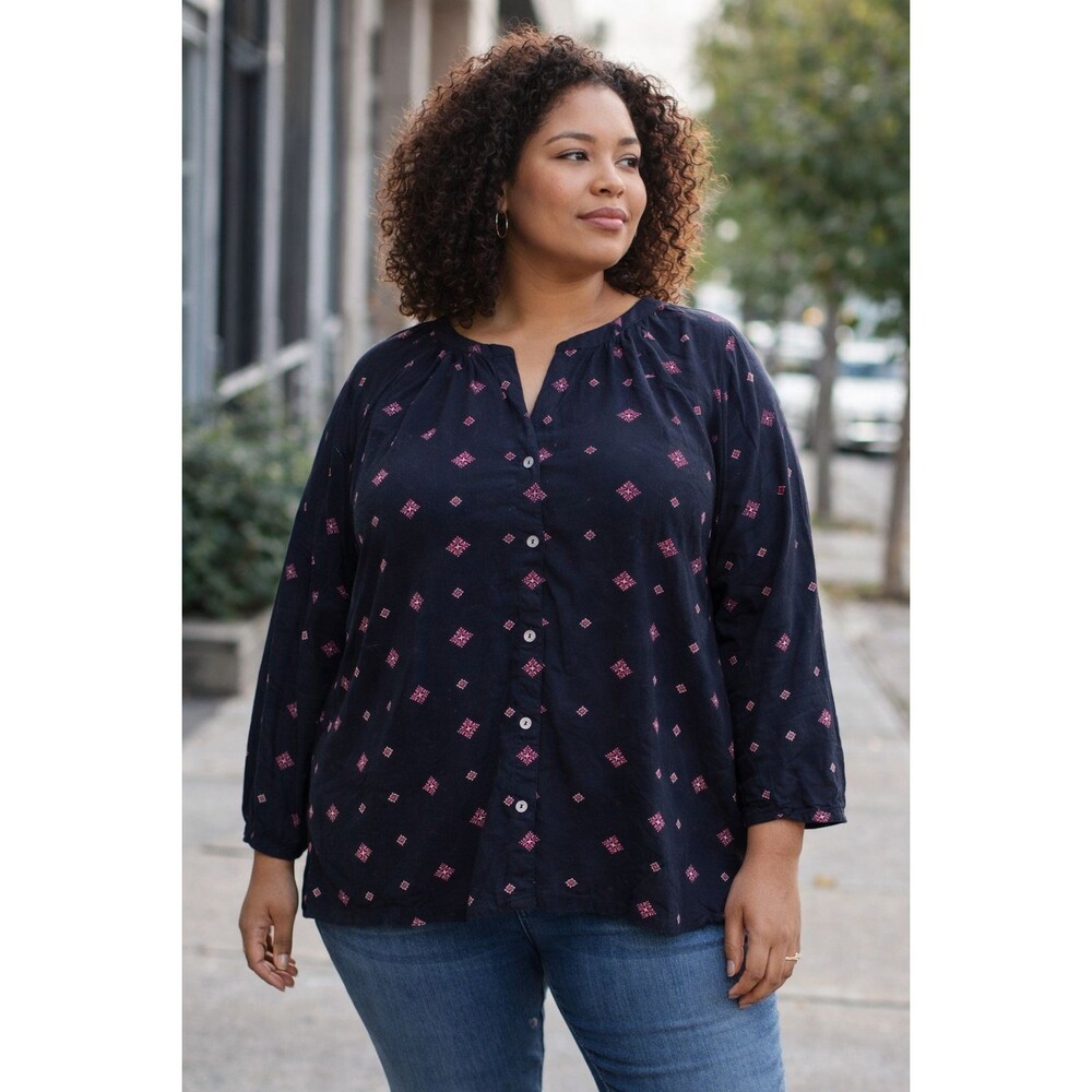 Women Indie Print Blouse Navy Long Sleeve Casual Everyday‎ Relaxed Size 3XL - Picture 2 of 8